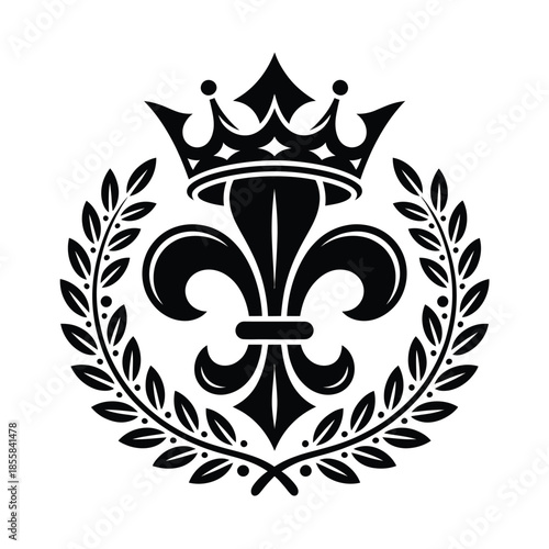 Elegant heraldic design featuring a crown fleur de lis and laurel wreath