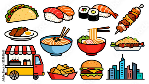 Colorful illustration of various carnival street food items and treats  