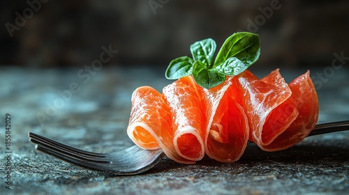 Cured meat slices with basil on fork