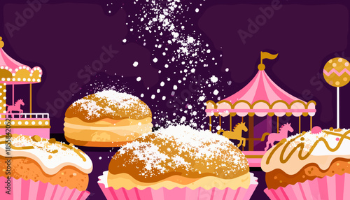 Carnival street food with colorful fried sweets and festive atmosphere  