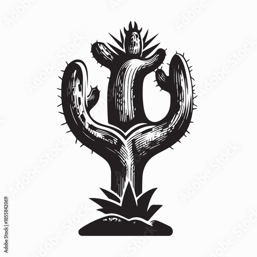 Classic Desert Saguaro Cactus Plant Landscape Silhouette on White Background