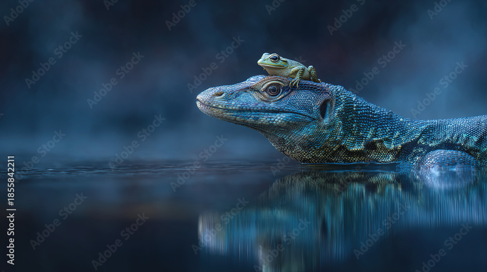 Fototapeta premium Tiny Frog Riding Crocodile at Night
