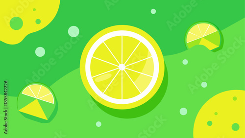 Vibrant lemon slices on green background