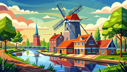 Very beautiful view of the Adriaan Windmill in Haarlem, standing beside the river with classic Dutch charm, clear skies, and historic surroundings in the heart of Holland.
