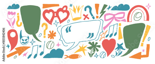 Crayon funky doodles elements set. Speech bubbles text boxes with arrow, crown, heart lockets. Callouts with inverted spanish punctuation mark. Flowers, vector naive scribbles isolated no background.