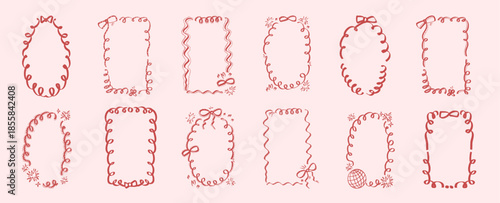 Bachelorette disco ball whimsical frames. Coquette borders with bows set. Ribbon and lace squiggle menu cadre. Vector wedding frame on pink girly background. Christmas oval and rectangle forms.