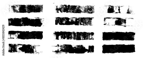 Linocut texture lines. Ink roller long stripes background. Grunge letterpress rectangles. Dry black brayer stroke isolated on white background. Painted relief stain. Vector lino illustration isolated.