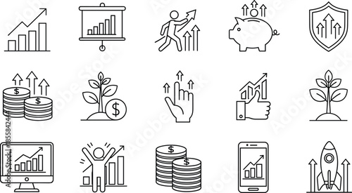 Business growth and finance line icons set including chart, rocket, money, graph, investment, profit, success, and economic improvement vector symbols.