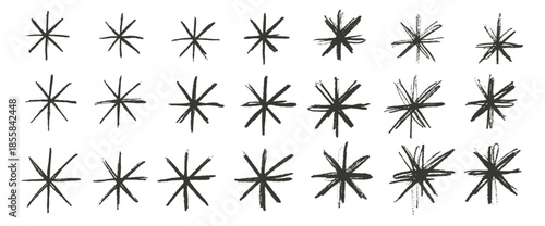 Stars, snowflakes hand drawn sketch set. Irregular handmade pencil asterisk elements set. Abstract crayon drawn stars collection. Uneven ink snow flakes. Twinkle markers icons. Vector illustration.