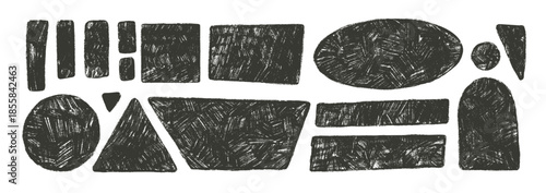 Geometric shapes text boxes. Black grunge hand drawn figures noise set. Ink rolled grainy textured frames. Oval, rectangle, triangle chalk crayon callouts geometry figures. Vector charcoal shapes.
