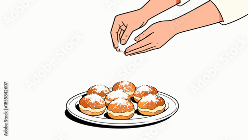 Hands sprinkling sugar on fried sweets on a plate  
