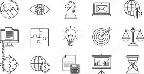Business strategy line icon set featuring financial growth, global economy, innovation idea, legal justice, time management, and digital communication symbols.
