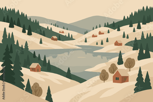 No text serenity characters village frozen labels small warm gentle vector snowy