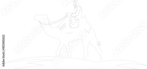 Desert Traveler Riding Camel Line Art Outline Vector Illustration