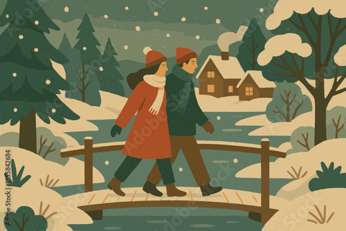 Icon stroll lake dusty characters full no vector winter trees snowflakes illustration