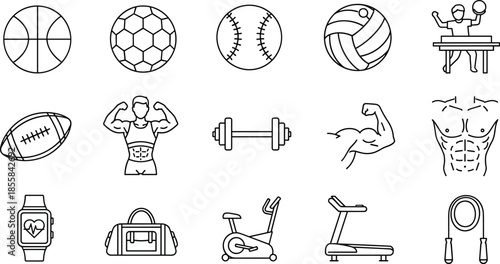 Hand drawn sports icons, vector fitness symbols, gym, ball, muscle, workout, equipment, training, cardio, health, run, strong, game, exercise, active.