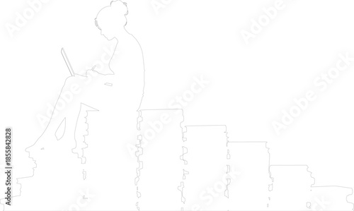 Female silhouette working on laptop atop stacked books representing growth and success outline vector illustration