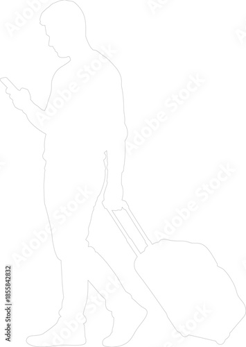 Young man walking and using mobile phone pulling rolling suitcase vector outline