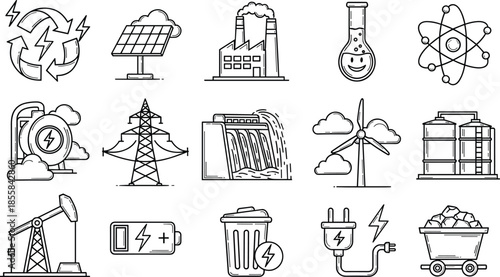 Hand drawn energy icons, vector power symbols, solar, wind, nuclear, factory, oil, coal, battery, dam, electricity, atom, plug, fuel, ecology.
