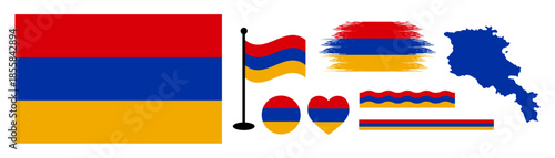 Armenia Flag Bundle design or Elements Collection set. National Symbols Set Featuring Official Armenia Map Silhouette, Heart Icon, Waving Flag on Pole, Round Badge, and Artistic Paint Brush Strokes.