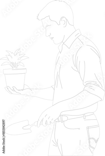 Man Holding Potted Plant and Trowel Outline Drawing Gardening Hobby Vector Illustration