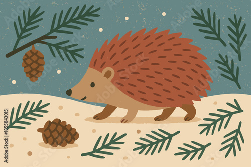 Winter cones icon captions warm hedgehog handmade illustration cohesive no geometric stroll