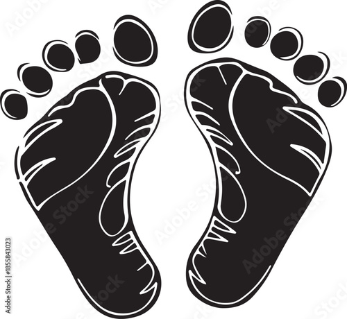Stylized Black and White Baby Footprints Symbol Isolated on White Background