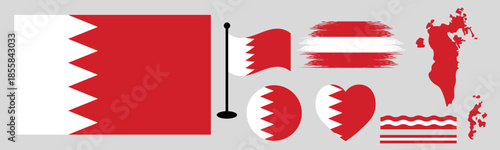 Bahrain Flag Bundle design or Elements Collection set. National Symbols Set Featuring Official Bahrain Map Silhouette, Heart Icon, Waving Flag on Pole, Round Badge, and Artistic Paint Brush Strokes.