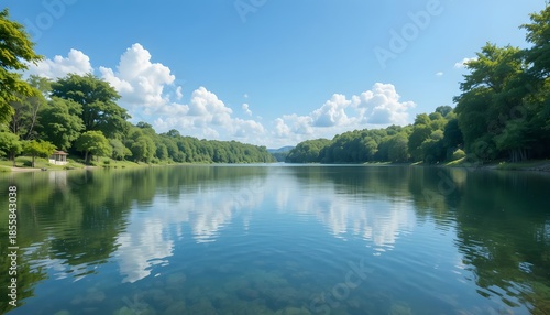 Serene Landscape of Calm Lake Surrounded by Lush Green Trees