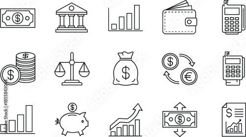 Hand drawn finance icons, vector money symbols, bank, wallet, coin, chart, exchange, payment, investment, growth, dollar, business, currency, wealth, savings, scale.