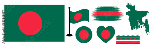 Free Download Bangladesh Flag Bundle design or Elements Collection set. National Symbols Set Featuring Official Bangladesh Map Silhouette, Heart Icon, Waving Flag on Pole, Round Badge. - GFXLoad