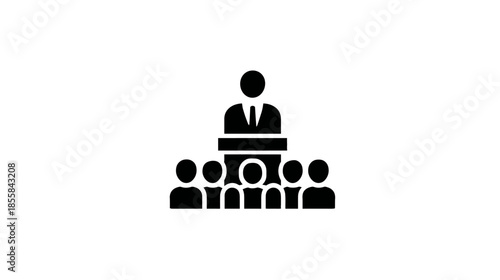 Professional Business Meeting and Presentation Icon: Speaker at Podium Addressing an Engaged Audience in a Corporate Setting
