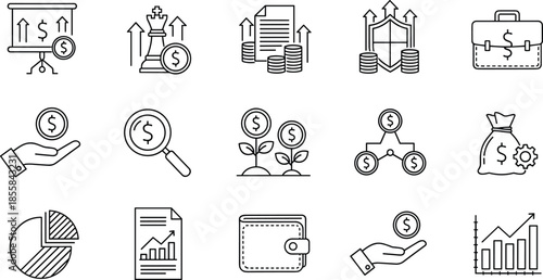 Hand drawn finance icons, vector business symbols, money, growth, chart, coin, wallet, strategy, investment, bank, wealth, dollar, arrow, shield, bag.