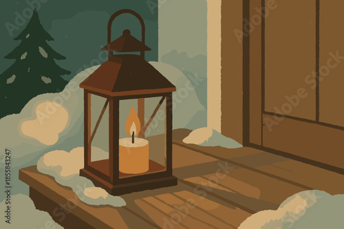 Winter lantern pine icon green textured color text vector candlelit speech snowy