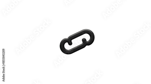Black 3D render of a chain link icon isolated on a white background, symbolizing connection, hyperlink, unity, and attachment.