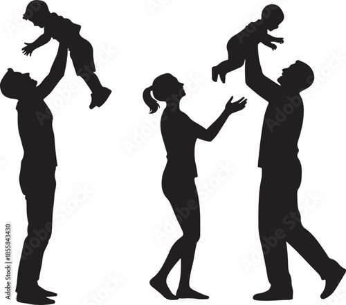 Silhouette of happy parents playing with baby and toddler, family love and bonding.