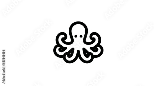 Simple black outline octopus illustration on white background, minimal line art marine animal icon, vector sea creature graphic design element