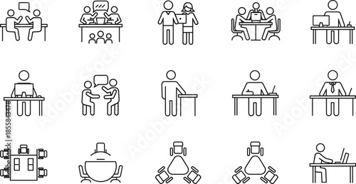 Business meeting icons, vector office symbols, people, team, collaboration, desk, computer, conference, furniture, workspace, discussion, employee, strategy, group, interview.