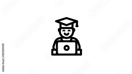 Student in Graduation Cap Using Laptop Icon for Online Learning, E-learning, and Distance Education Concepts