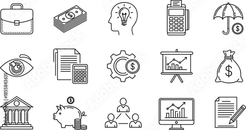 Hand drawn finance icons, vector business symbols, money, bank, calculator, idea, umbrella, investment, savings, chart, document, computer, team, strategy, payment.