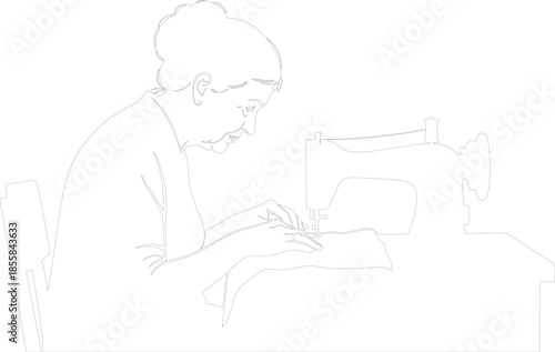 Contour line illustration of woman sewing at vintage machine tailor dressmaker vector art