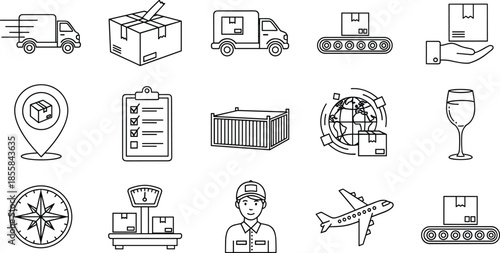 Hand drawn logistics icons, vector shipping symbols, truck, box, plane, courier, map, scale, container, fragile, global, delivery, cargo, transport, freight.