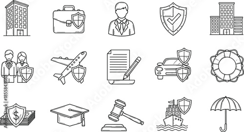 Hand drawn insurance icons, vector protection symbols, car, home, travel, life, money, shield, safety, umbrella, building, family, contract, legal, policy.