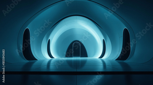 Abstract Futuristic Architecture Background with Smooth Curved Lines and Soft Blue Light in a Minimalist Modern Sci-Fi Tunnel Design