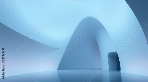 Abstract Futuristic Architecture Background with Smooth Curved Lines and Soft Blue Lighting, Minimal Modern 3D Interior Design Concept
