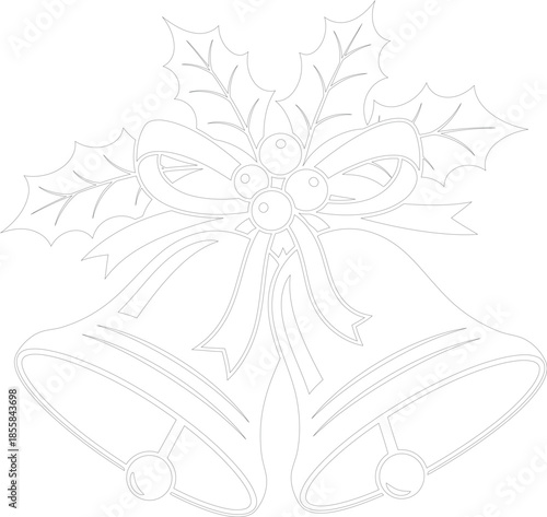Outline vector drawing of festive Christmas bells with holly leaves and ribbon bow design
