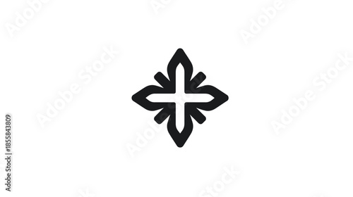 Abstract Geometric Floral Cross Symbol Design Element. Minimalist Black Vector Icon on a White Background, Symmetrical and Decorative.