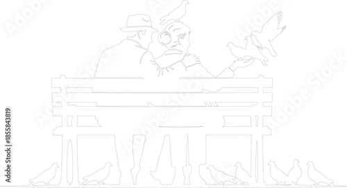 Outline drawing of elderly couple sitting on a park bench surrounded by pigeons minimal vector illustration