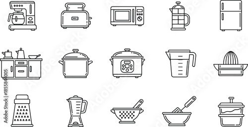 Hand drawn kitchen icons, vector appliance symbols, cooking, coffee, toaster, microwave, fridge, blender, pot, food, home, utensil, equipment, household, set.