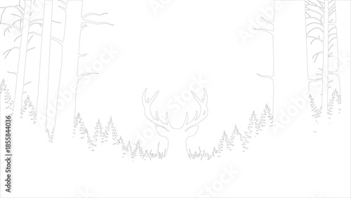 Minimalist Stag Head in Forest Outline Vector Design Nature and Wildlife Scene